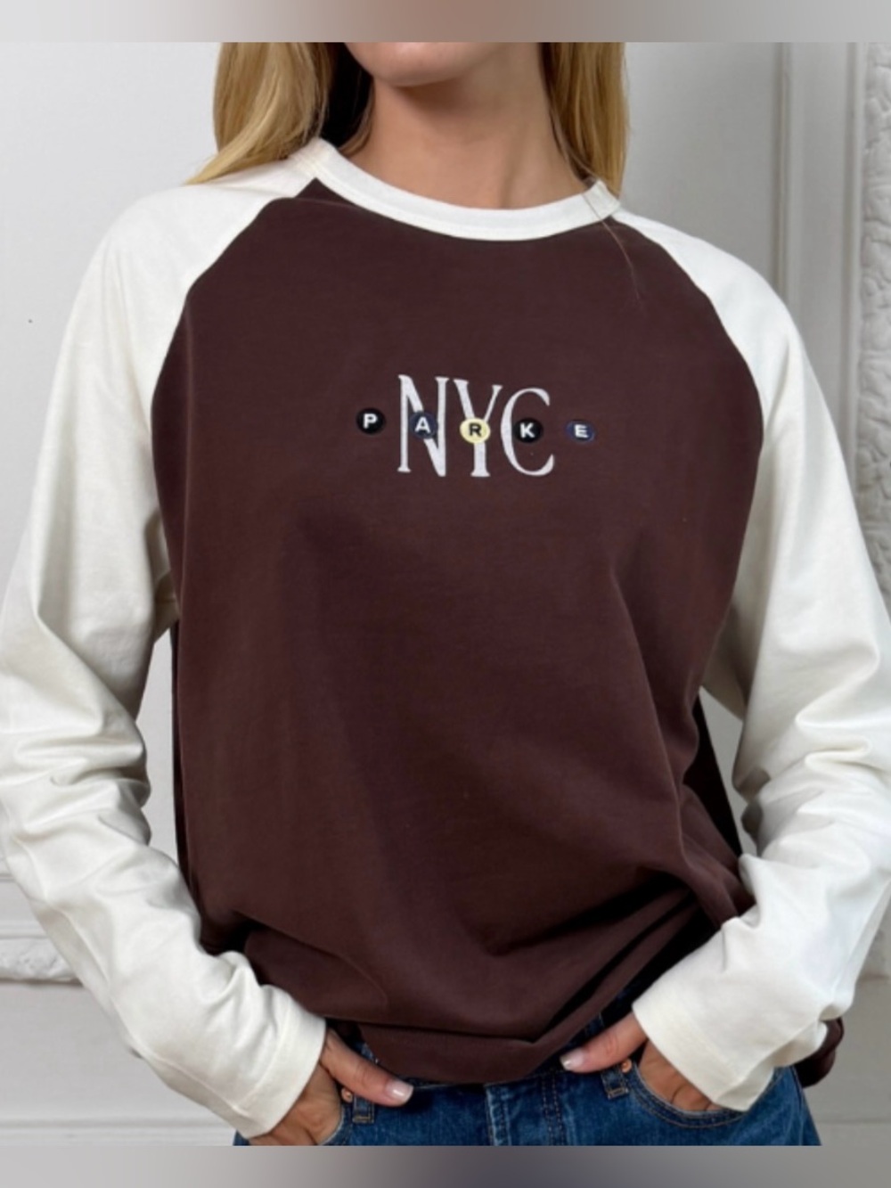 Parke NYC Graphic Raglan Long Sleeve T-shirt Brown White Small Medium NEW
